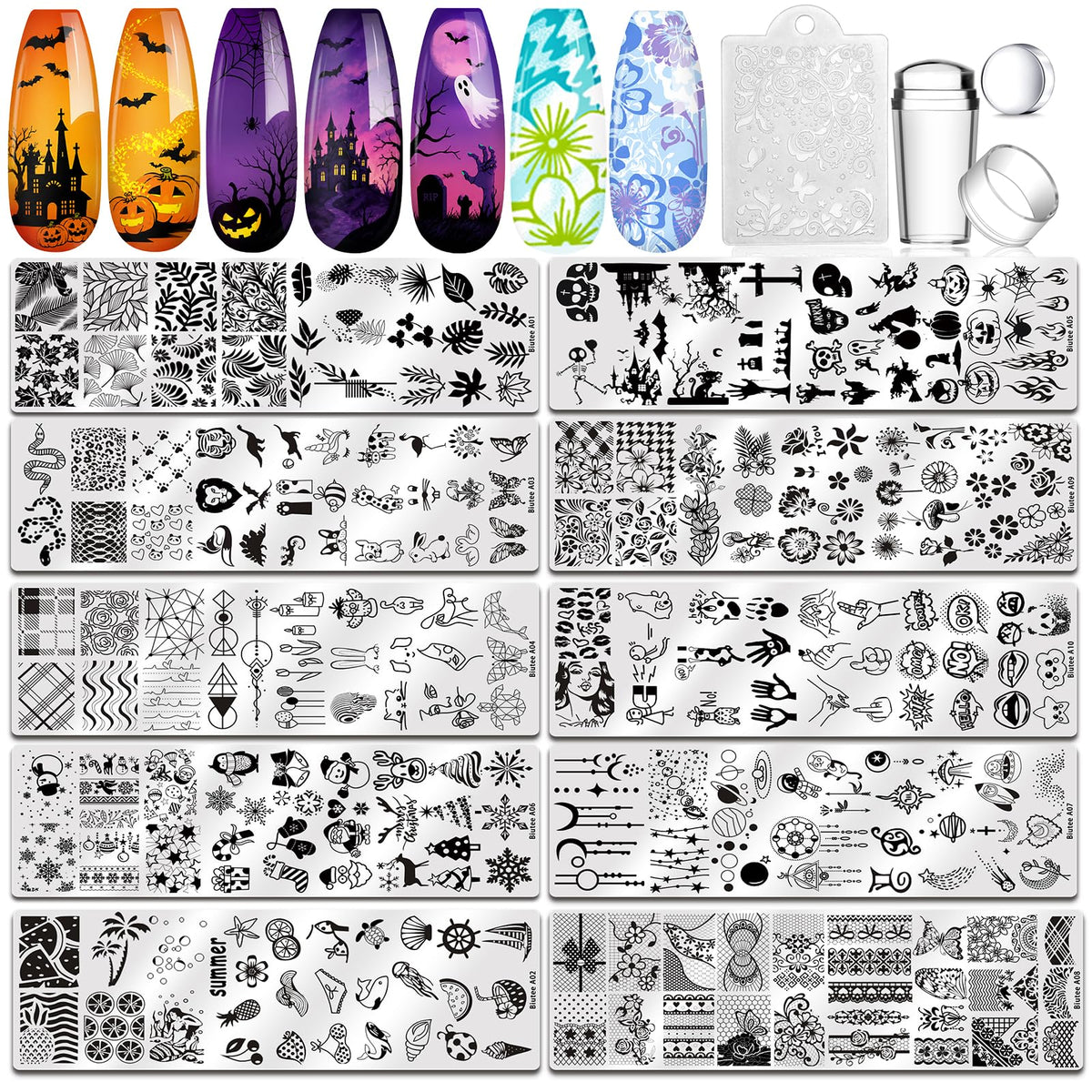 Biutee Nail Stamp Plates 16PCS Nail Stamping Kit 8 Nail Stamping Gel Polish