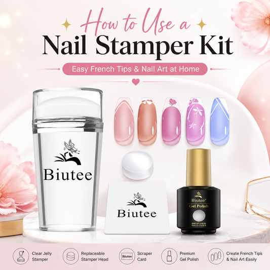 BIUTEE nail stamper kit with white gel polish, jelly stamper, clear replaceable head and scraper for DIY French tip nails