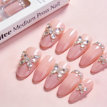 Get Stunning Medium Almond Pink Press On Nails with Butterfly Rhinestones by Biutee | Effortless Glamour