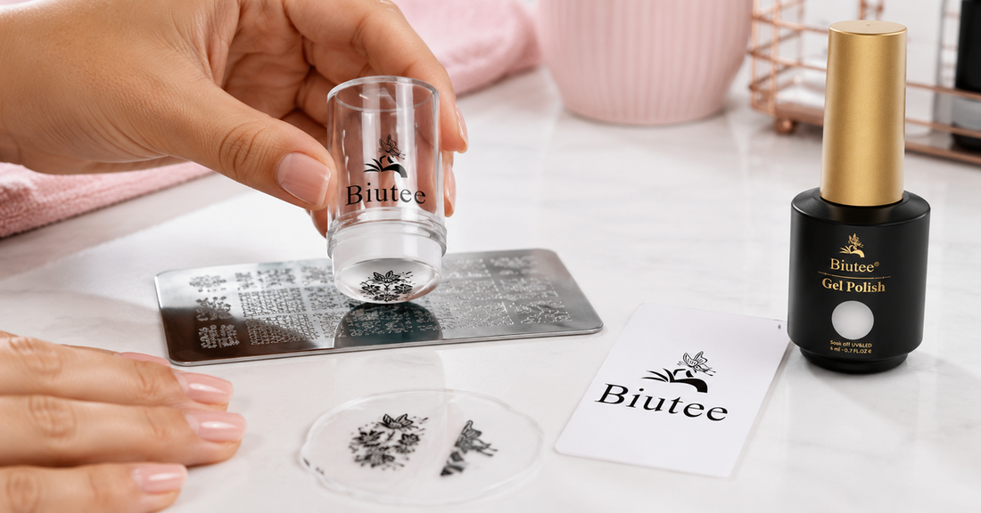 Clear nail stamper picking up a patterned design from a stamping plate beside a BIUTEE nail stamping kit