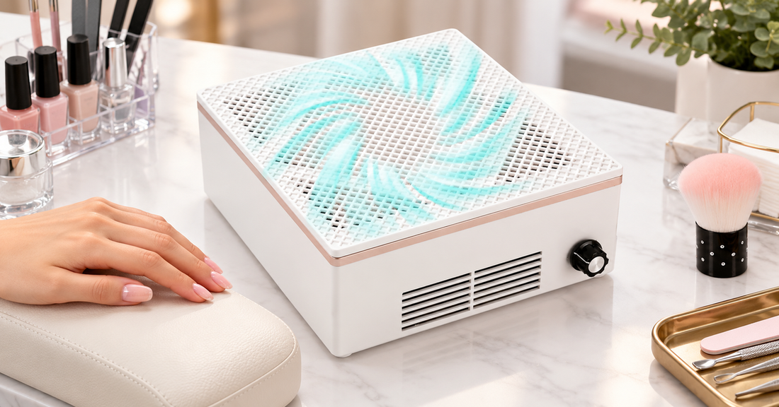 BIUTEE 60W nail dust collector positioned beside a tidy manicure workstation.