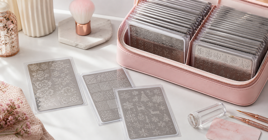 Clean nail stamping plates organised in protective sleeves and a storage case