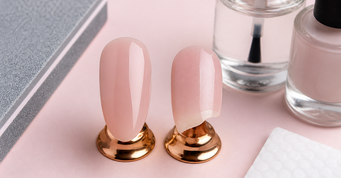 Gel manicure sample showing one smooth nail and one lifted edge beside prep tools