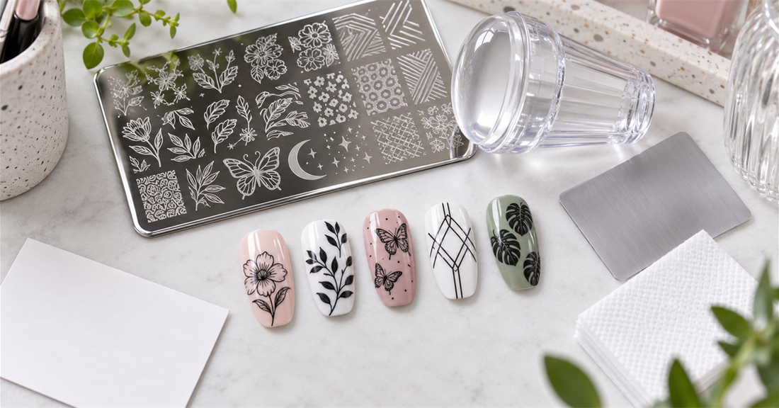 Five nail stamping test swatches beside a plate, clear stamper, scraper, and simple test notes