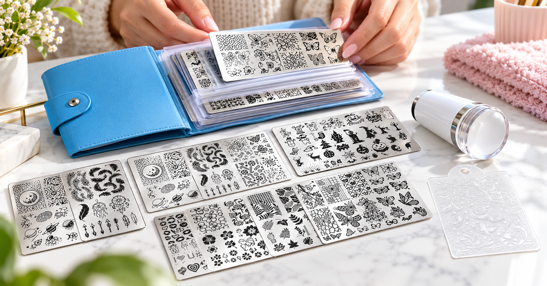 BIUTEE metal nail stamping plates, clear stamper, scraper and storage pouch arranged on a manicure desk.