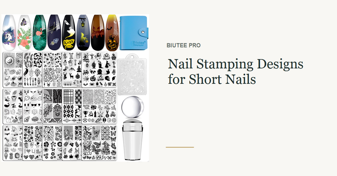 BIUTEE 15-piece nail stamping kit beside short nails with delicate stamped motifs