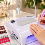 BIUTEE 5-in-1 nail station arranged on a clear manicure desk with its dust collector, drill, and UV LED lamp.