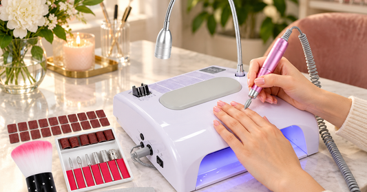 BIUTEE 5-in-1 nail station arranged on a clear manicure desk with its dust collector, drill, and UV LED lamp.