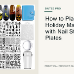 The exact BIUTEE 15-piece holiday nail stamping plate set, stamper, scraper, and storage bag shown unchanged in a horizontal cover.