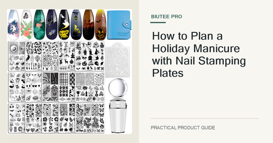 The exact BIUTEE 15-piece holiday nail stamping plate set, stamper, scraper, and storage bag shown unchanged in a horizontal cover.