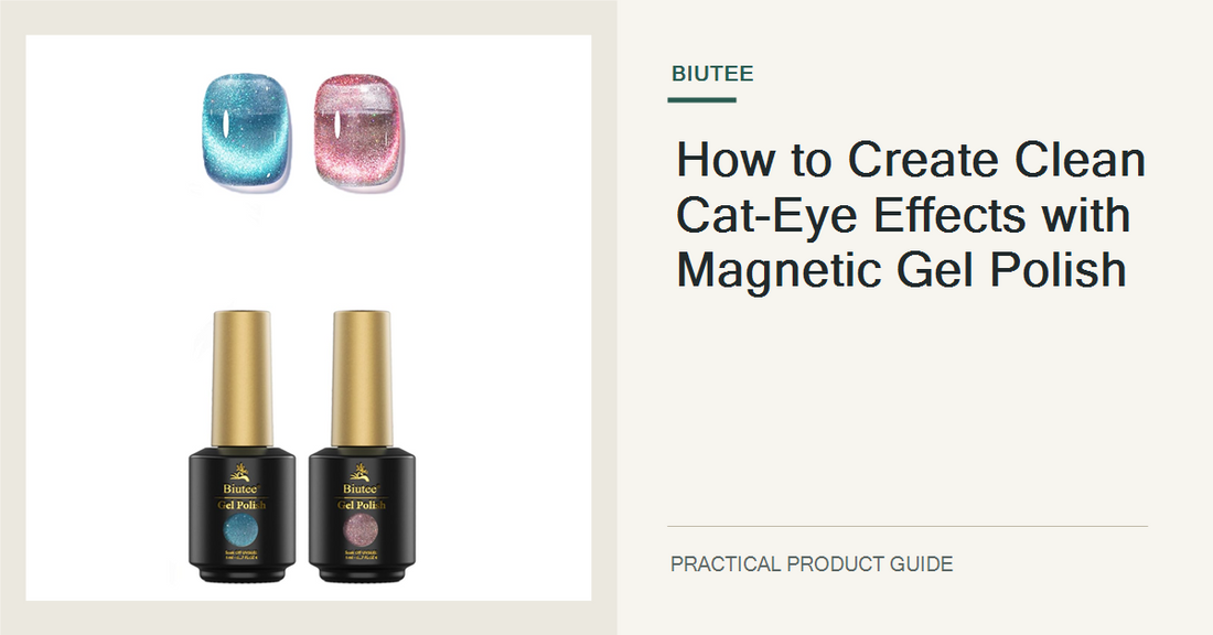 Exact BIUTEE cat-eye gel bottles and included magnetic stick shown beside a finished manicure