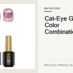 Exact BIUTEE magnetic cat-eye gel bottles and included magnet arranged with sample color swatches