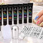 BIUTEE multicolor nail stamping gel kit and plates beside a coordinated stamped manicure