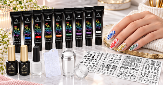 BIUTEE multicolor nail stamping gel kit and plates beside a coordinated stamped manicure