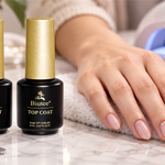 BIUTEE base coat and top coat beside a neat stamped manicure at a nail desk