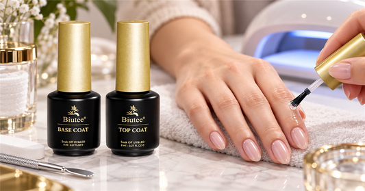 BIUTEE base coat and top coat beside a neat stamped manicure at a nail desk