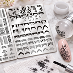 Nail stamping plate, scraper, stamper, and a test design with a partial transfer