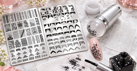 Nail stamping plate, scraper, stamper, and a test design with a partial transfer