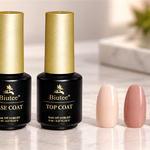 Gel base coat and top coat bottles beside a simple manicure layer diagram