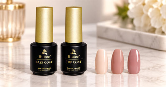 Gel base coat and top coat bottles beside a simple manicure layer diagram