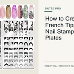 The exact BIUTEE 2-piece nail stamping plates set, stamper, and scraper shown unchanged in a horizontal French tip tutorial cover.