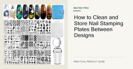 The exact BIUTEE 15-piece nail stamping plate set with its listed stamper, scraper, and storage bag shown without altering the product.