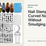 Exact BIUTEE 15-piece nail stamping plate kit with its stamper and scraper arranged beside a curved practice nail tip