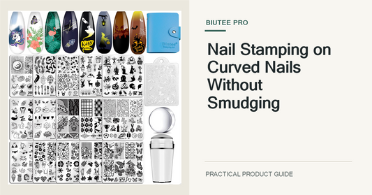 Exact BIUTEE 15-piece nail stamping plate kit with its stamper and scraper arranged beside a curved practice nail tip