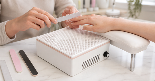 BIUTEE nail dust collector positioned beneath a manicure hand rest in a clean home nail workspace