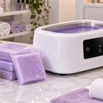 White touchscreen paraffin wax machine with lavender wax packs on a manicure table