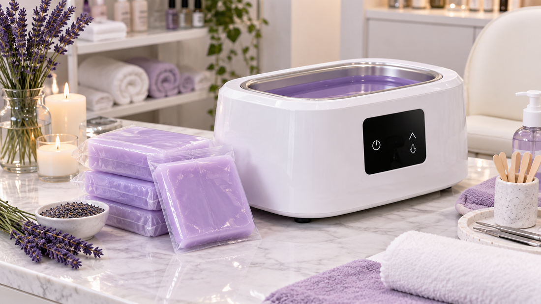 White touchscreen paraffin wax machine with lavender wax packs on a manicure table