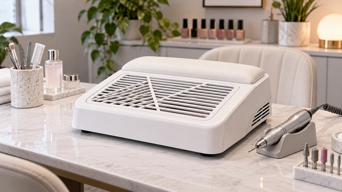 White tabletop nail dust collector arranged on a clean manicure workstation