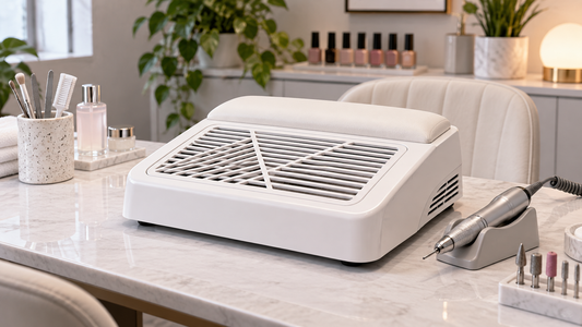 White tabletop nail dust collector arranged on a clean manicure workstation