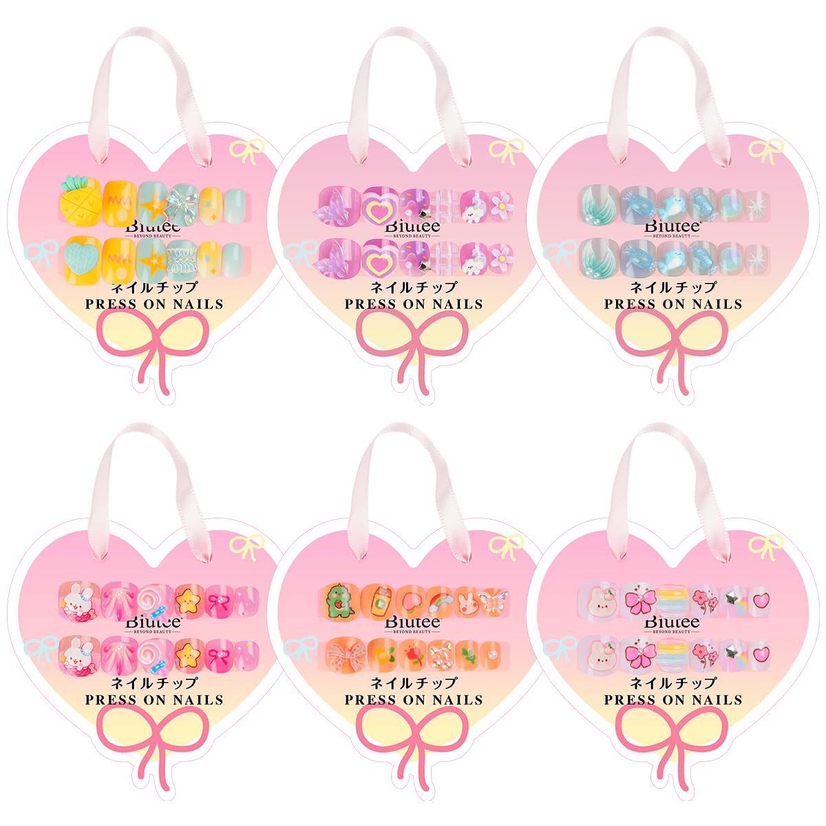 Biutee Kids Press on Nails 72PCS-French Style 3D False Nails for Girls