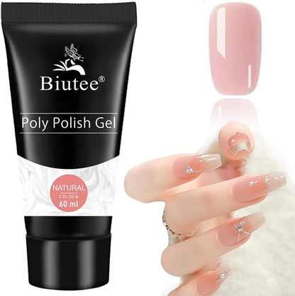 Biutee Polygel Nail Kit 60ml – Long-Lasting Pink Poly Gel with Adhesive & Non-Wipe Top Coat, UV/LED Compatible for Beginners