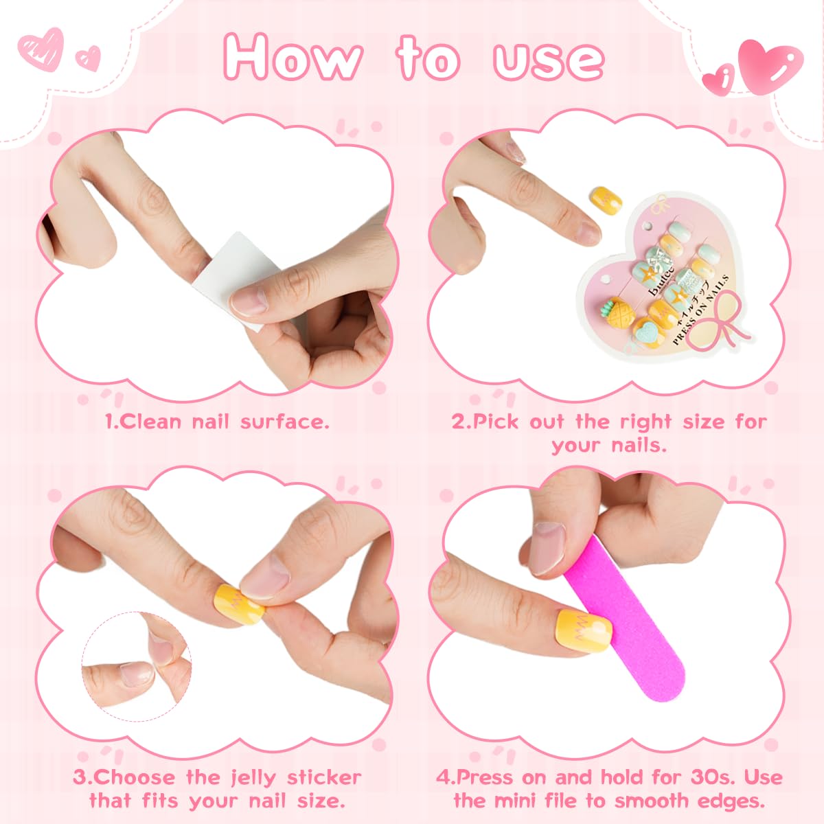 Biutee Kids Press on Nails 72PCS-French Style 3D False Nails for Girls