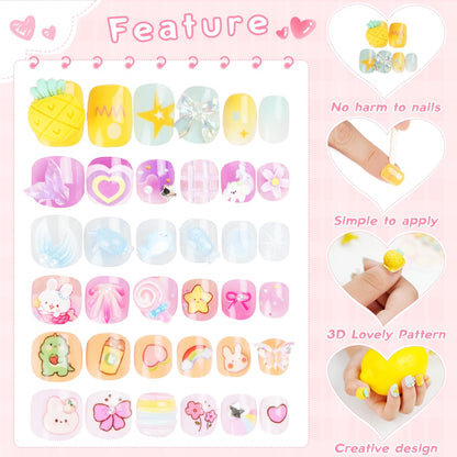 Biutee Kids Press on Nails 72PCS-French Style 3D False Nails for Girls