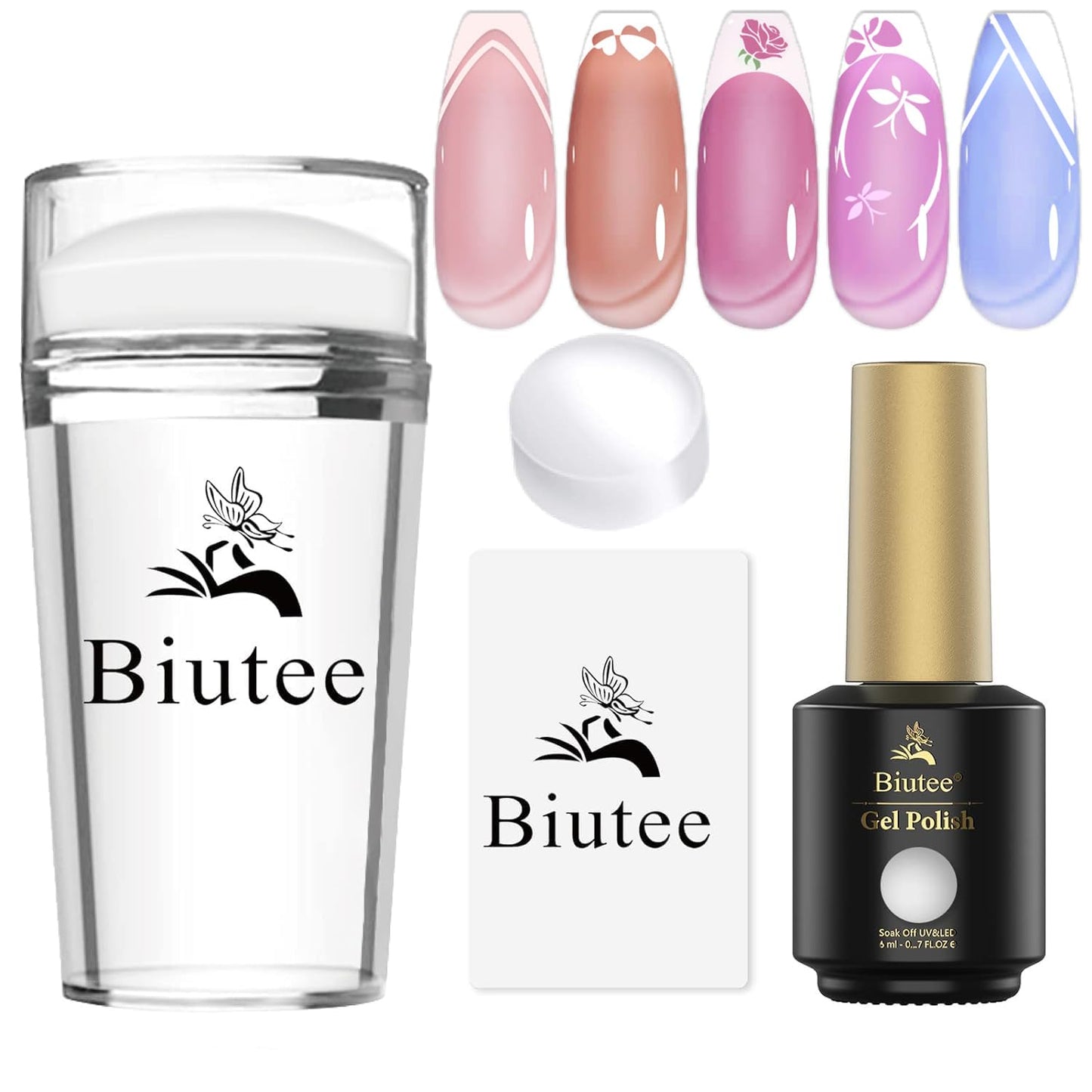 BIUTEE Nail Stamper Kit – 8ml White Gel Polish, Jelly Stamper, Clear Replaceable Head & Scraper
