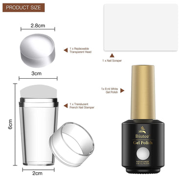 BIUTEE Nail Stamper Kit – 8ml White Gel Polish, Jelly Stamper, Clear Replaceable Head & Scraper