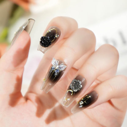 Biutee False Nails – Black French Tip Press On with Bows, 10PCS & Adhesive