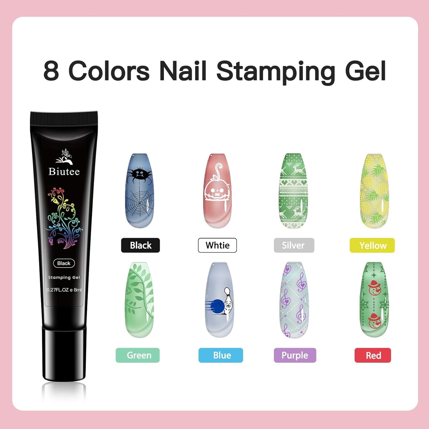 Biutee Nail Stamping Kit – 10 Plates & 8 Gel Polish, French & Halloween Designs