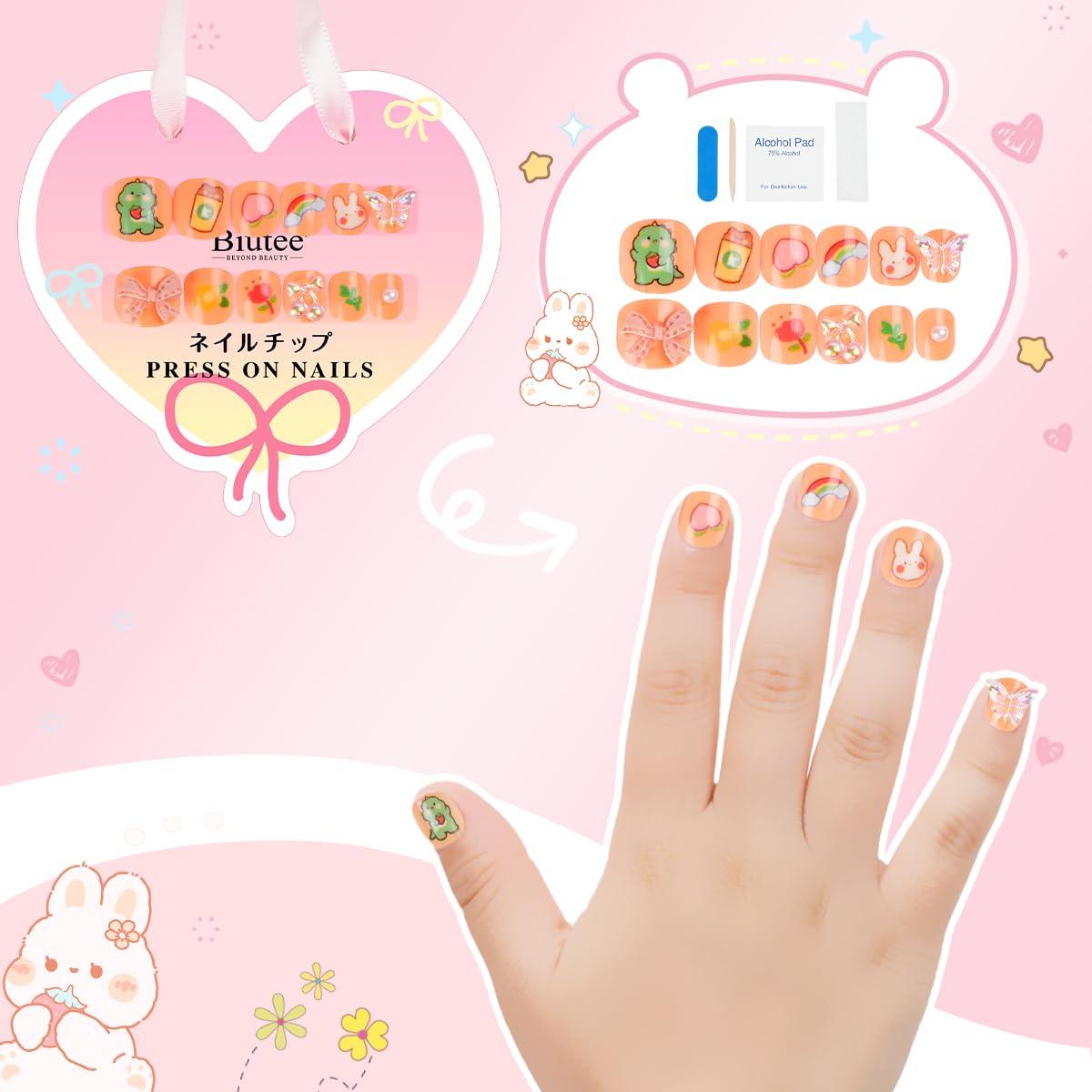 Biutee Kids Press on Nails 72PCS-French Style 3D False Nails for Girls