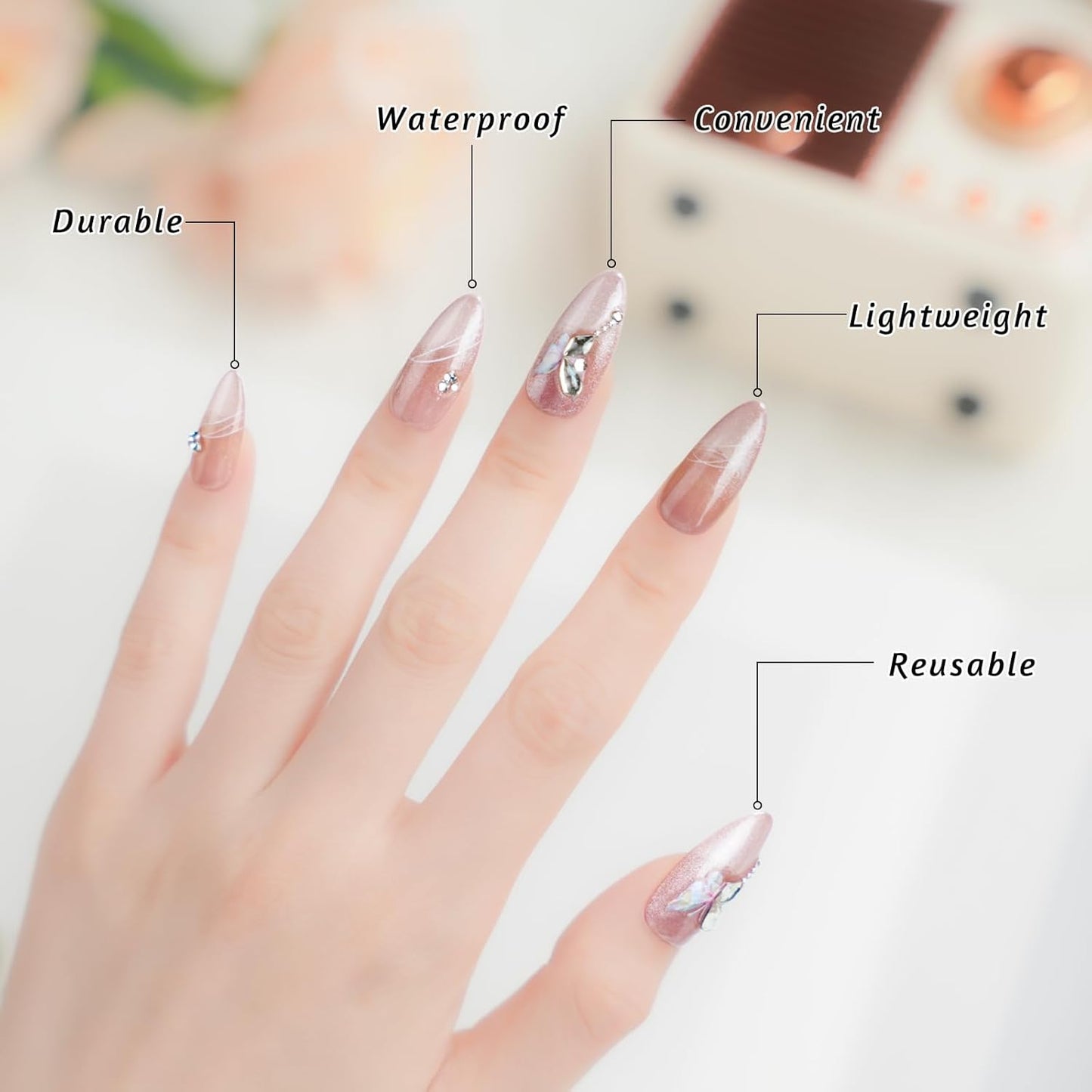 Biutee Press On Nails – Medium Almond Pink with Butterfly Rhinestones, 13PCS
