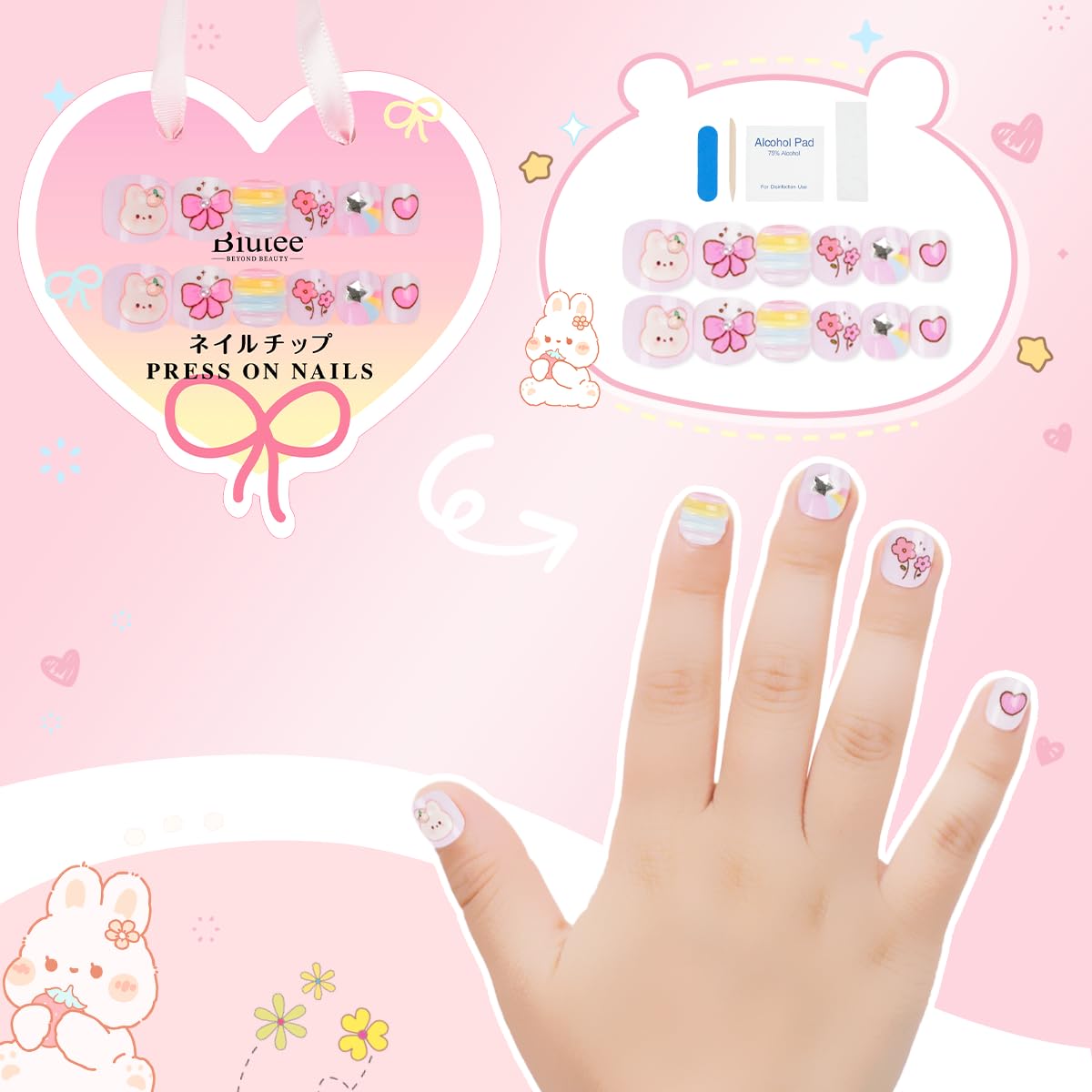 Biutee Kids Press on Nails 72PCS-French Style 3D False Nails for Girls