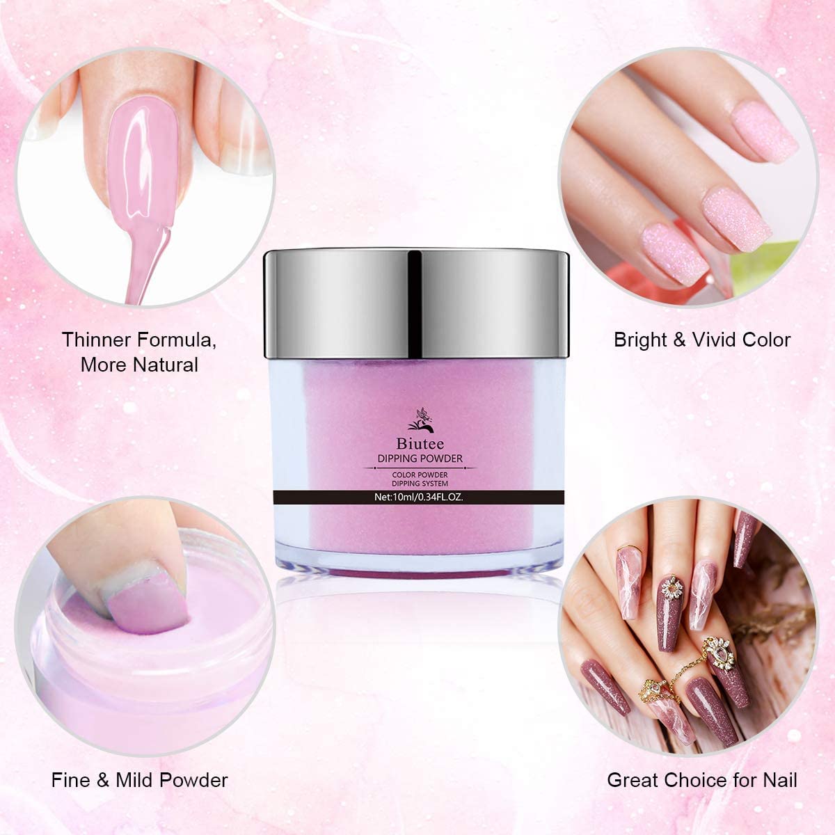 BIUTEE Dipping Nail Powder Kit – 8 Colors, Glitter & Classic Shades, 0.34 oz Each