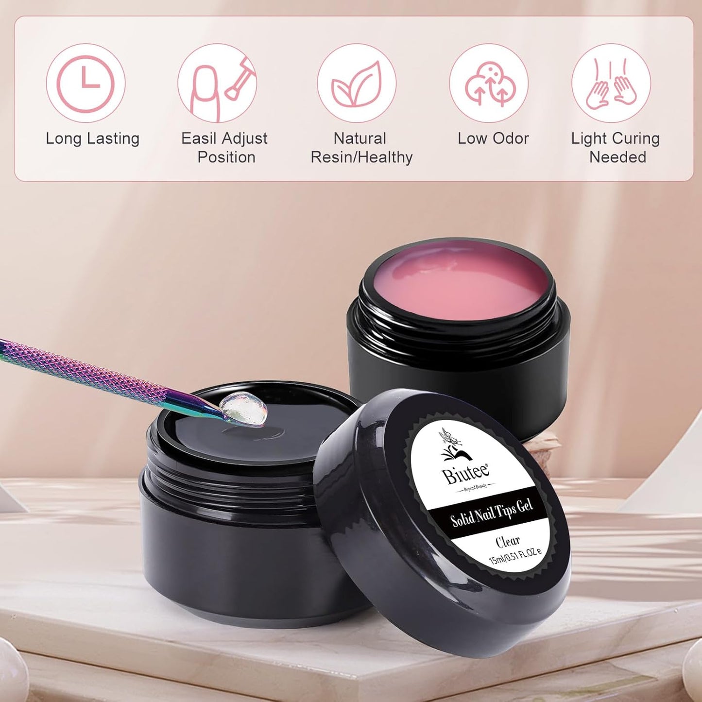 Biutee Solid Nail Tips Gel – Professional Nail Art Glue for Extensions & Artificial Fingernails, 15ml x 2