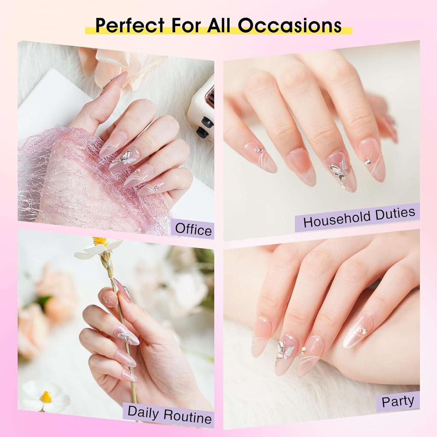 Biutee Press On Nails – Medium Almond Pink with Butterfly Rhinestones, 13PCS