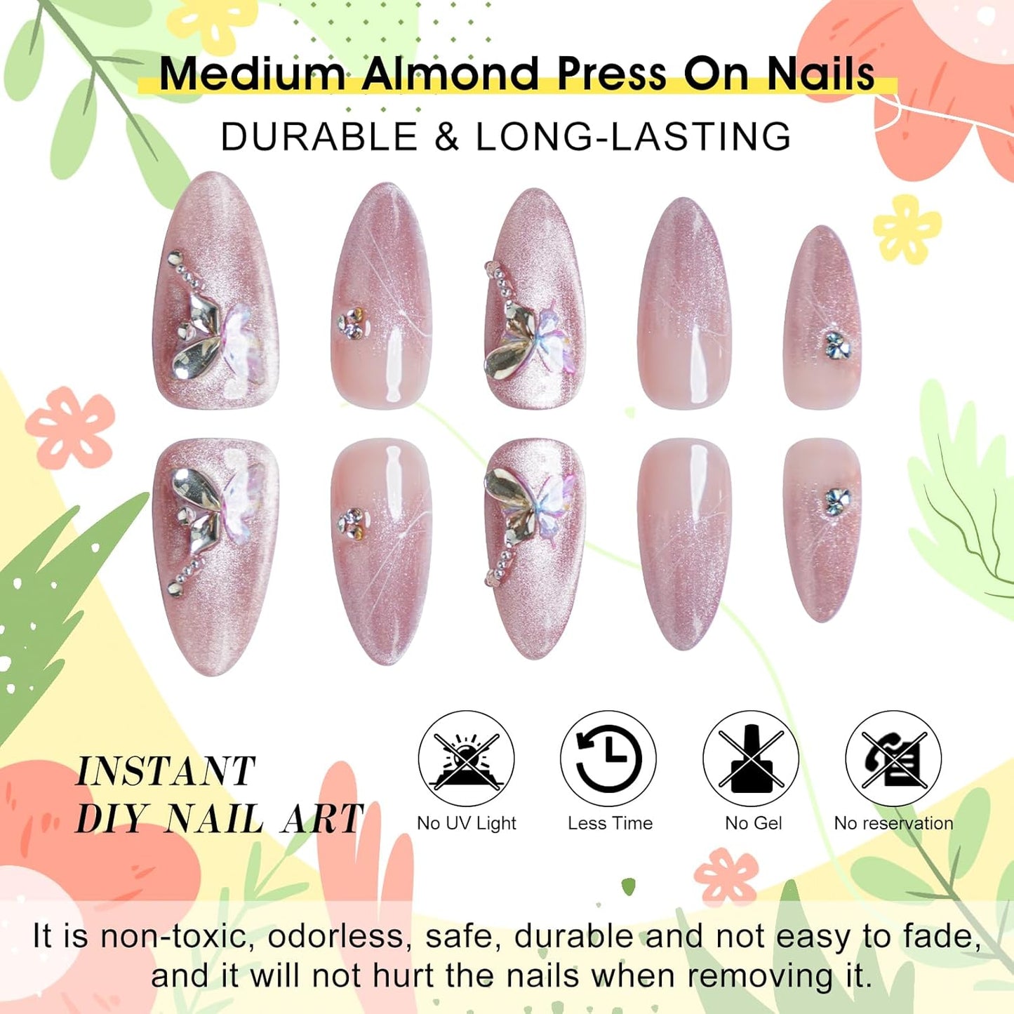 Biutee Press On Nails – Medium Almond Pink with Butterfly Rhinestones, 13PCS