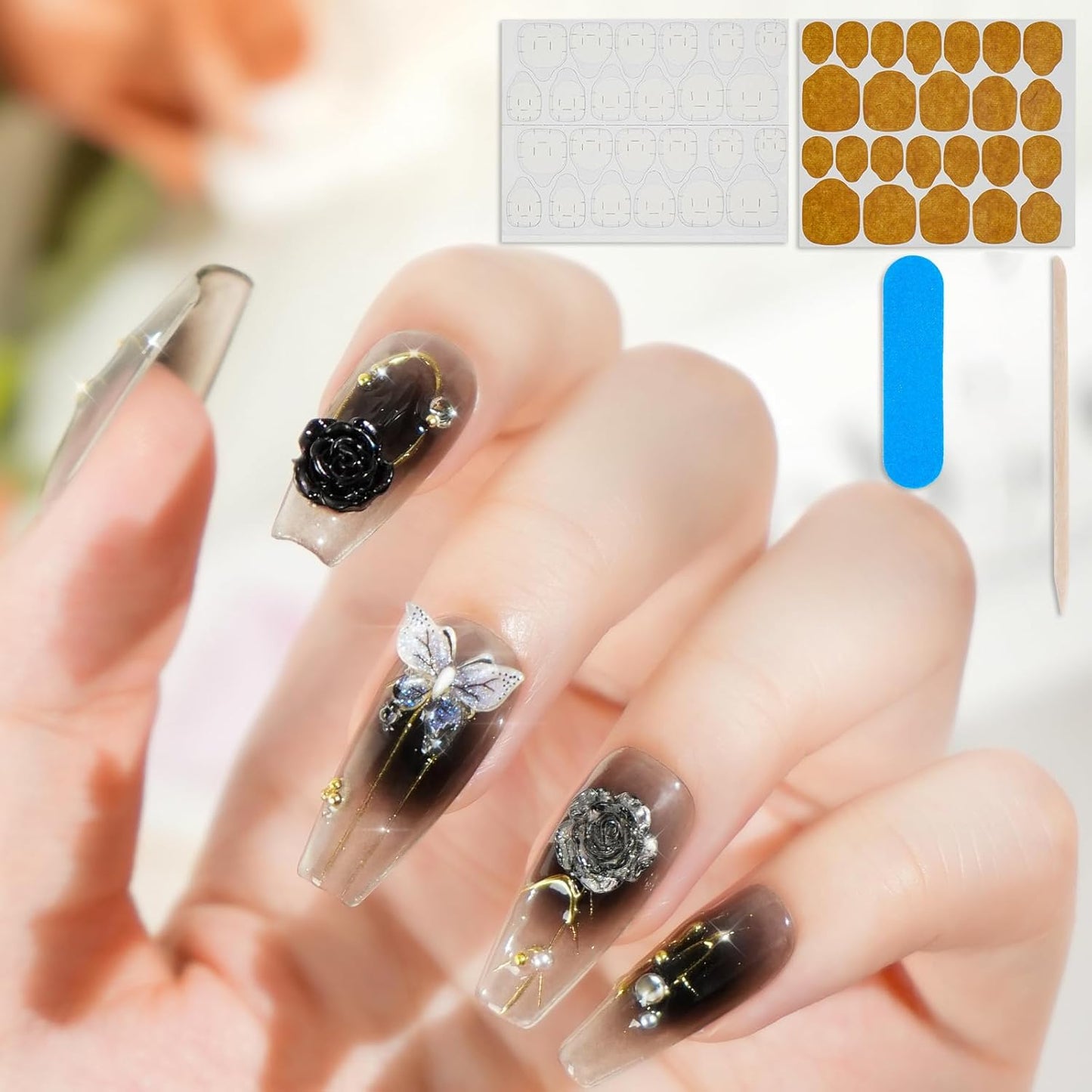 Biutee False Nails – Black French Tip Press On with Bows, 10PCS & Adhesive