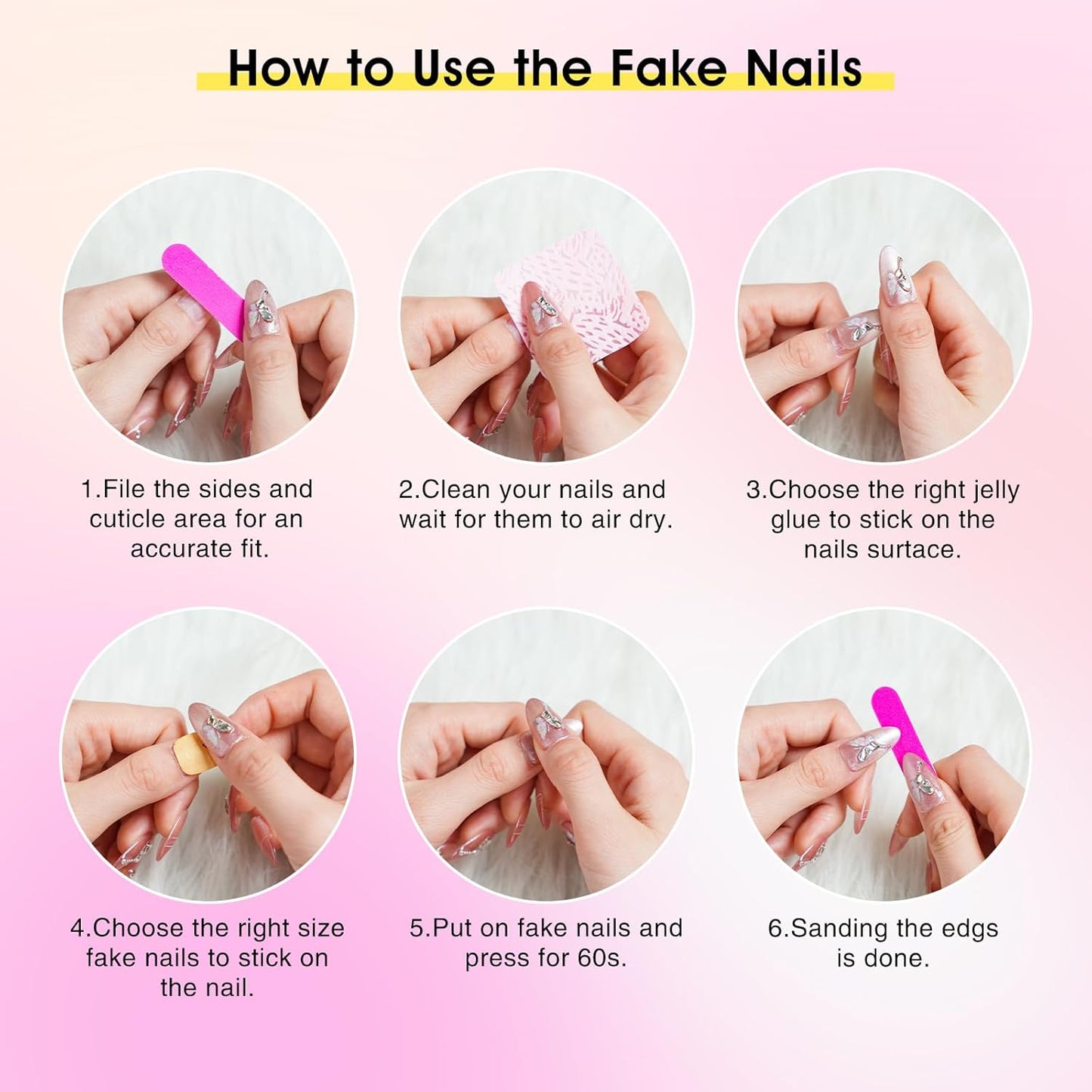 Biutee Press On Nails – Medium Almond Pink with Butterfly Rhinestones, 13PCS